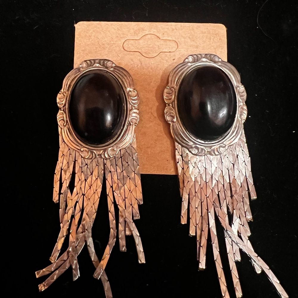 Black and silver tone vintage Native American southwest west earrings
